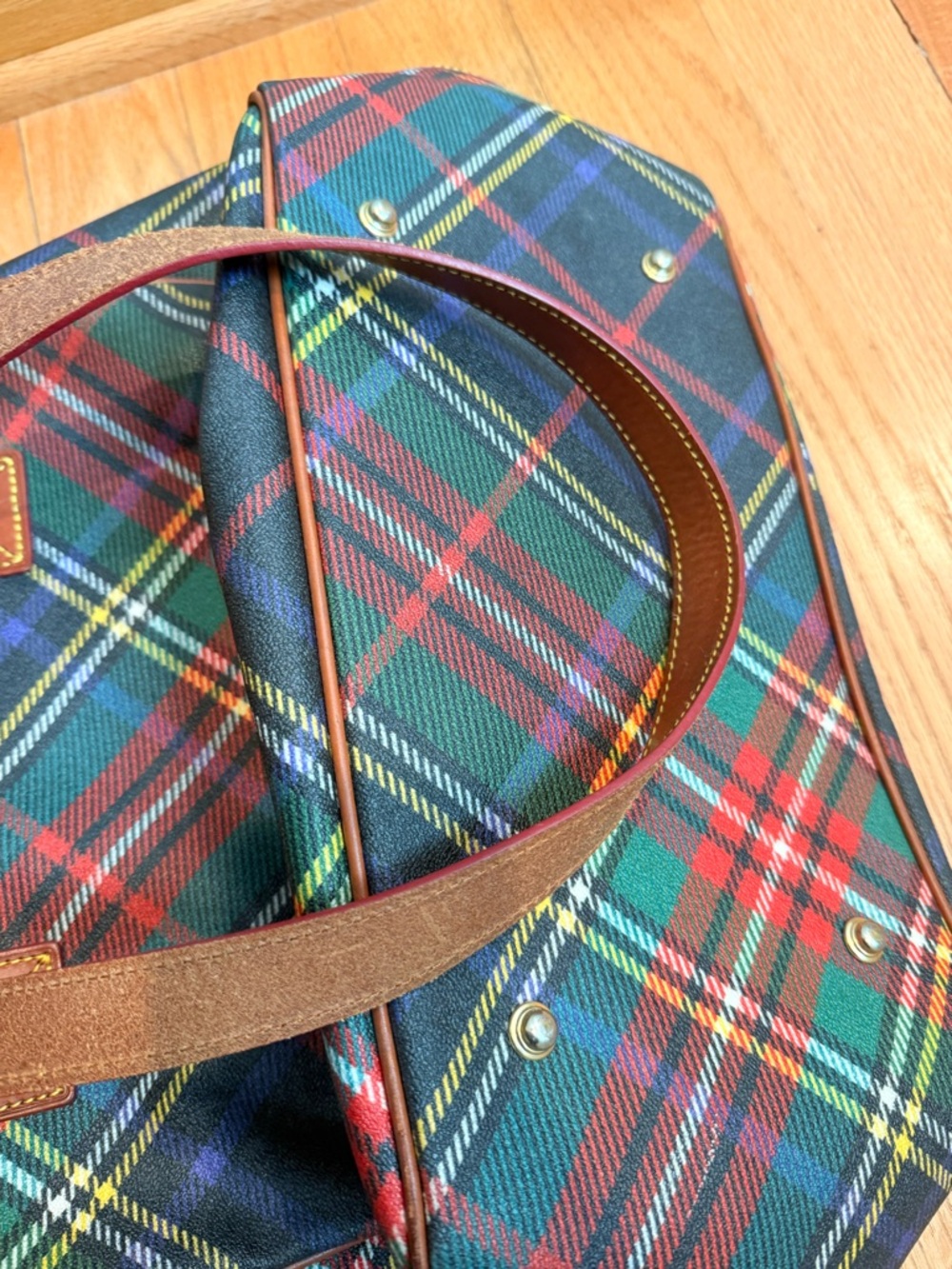 Dooney & Bourke Green Red Plaid Tote with Brown Trim - Picture 3 of 7